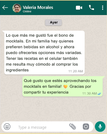 Captura del chat con el testimonio de Valeria Morales