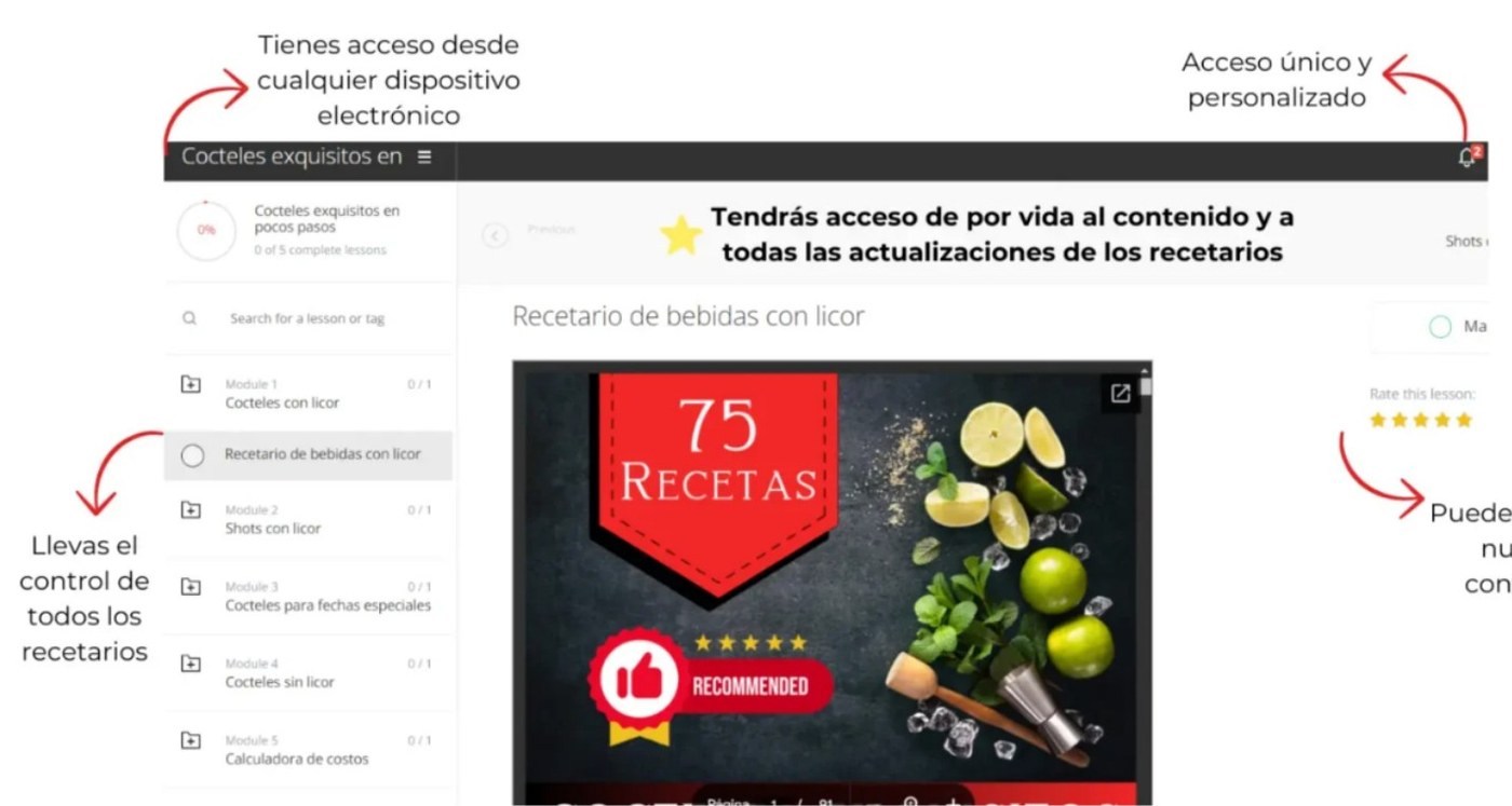 Vista de la plataforma con los módulos del recetario y el acceso de por vida