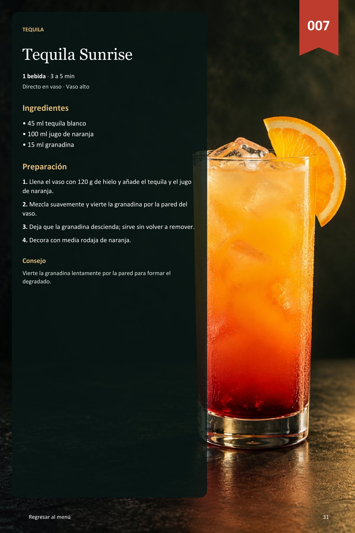 Página completa de Tequila Sunrise con ingredientes y preparación