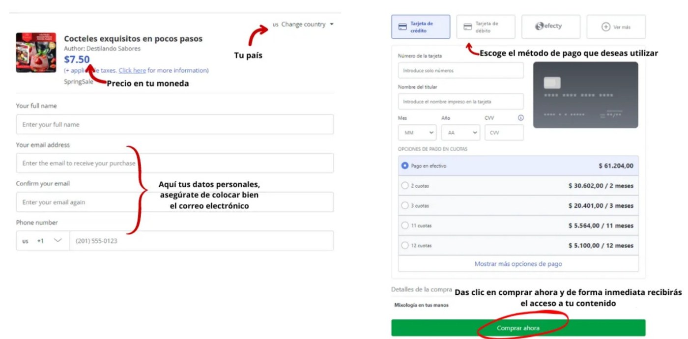 Pasos del formulario de compra: datos personales, método de pago y botón Comprar ahora