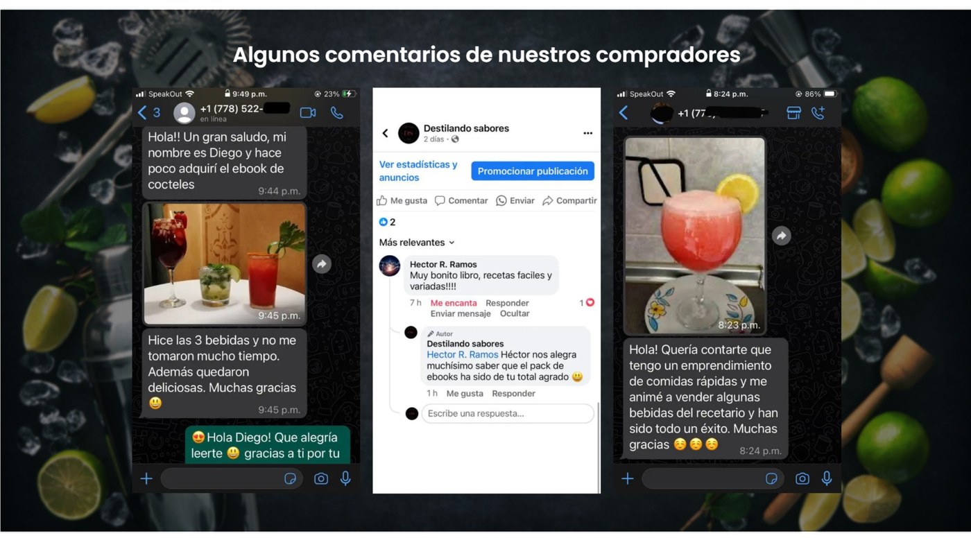 Capturas de mensajes de compradores agradeciendo las recetas del ebook de cocteles