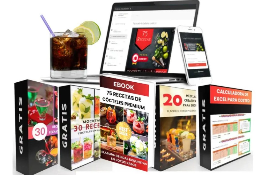 Los 5 productos incluidos: e-book de cócteles y sus 4 bonos en computador y celular