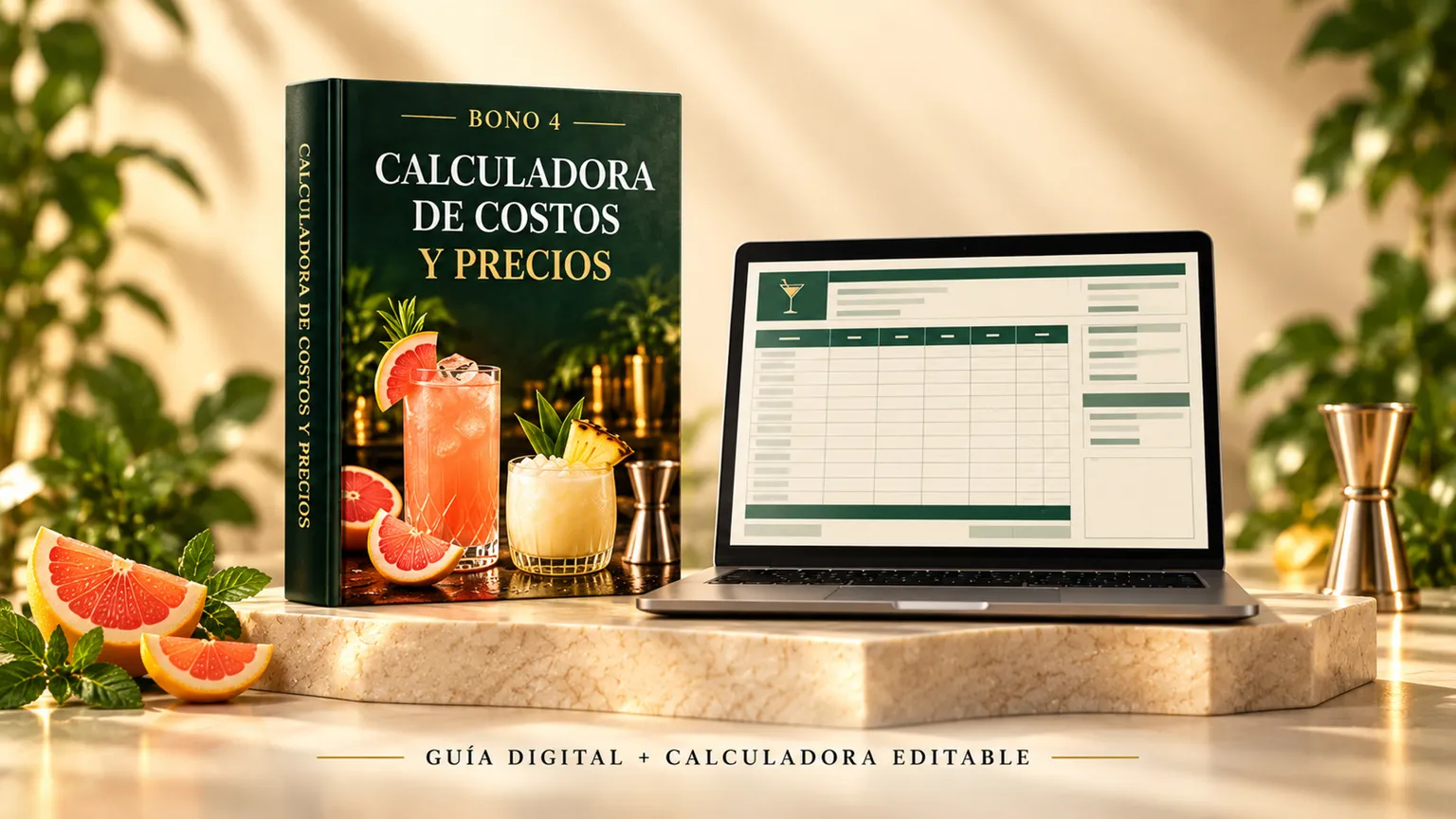 Bono 4: guía de la calculadora de costos y precios junto a una laptop con la hoja de Excel